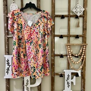 Floral V-Neck Flutter Sleeve Top - Peach Pink